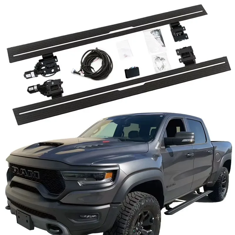 Complete aftermarket Ram 1500 TRX Power Running Boards kit with dual motorized step bars, heavy-duty brackets, wiring harness, control module, and hardware.