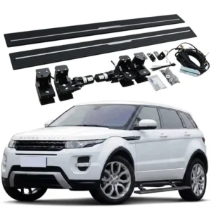 Range Rover Evoque Electric Side Steps complete kit with running boards, motors, brackets, wiring harness, and switches.