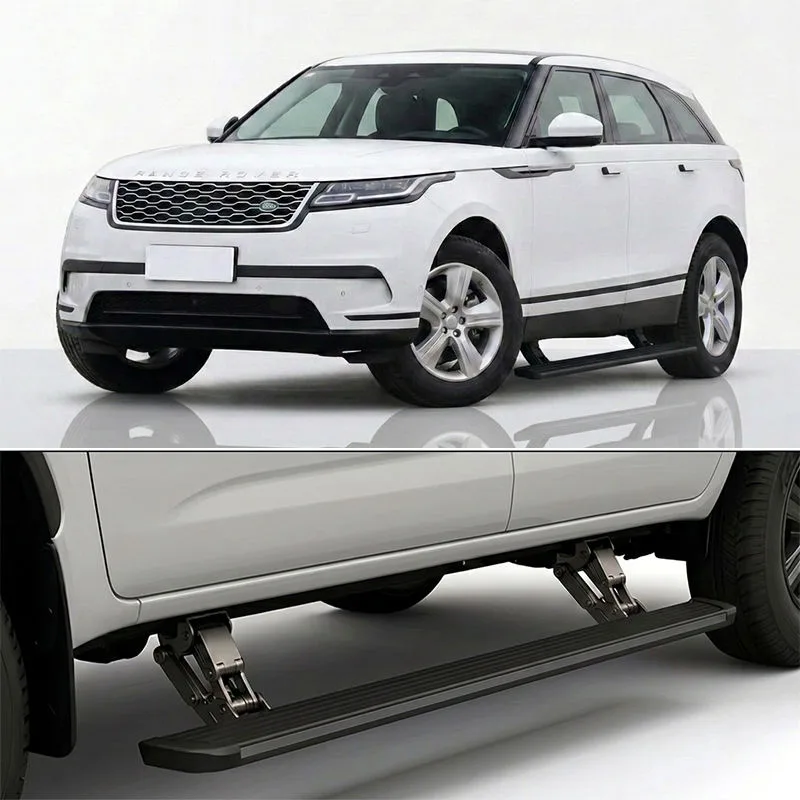 Range Rover Velar Electric Side Steps deployed on a white SUV, shown from the front three-quarter angle and in a close-up of the extended running board.