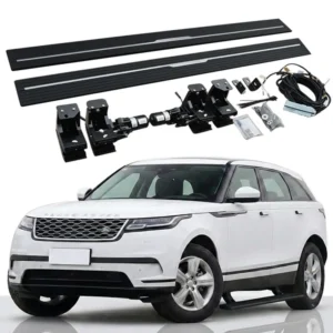 Range Rover Velar Electric Side Steps complete kit with running boards, motors, mounting brackets, wiring harness, and switches, shown with a white Velar.