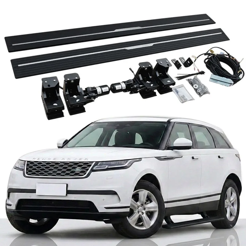Range Rover Velar Electric Side Steps complete kit with running boards, motors, mounting brackets, wiring harness, and switches, shown with a white Velar.