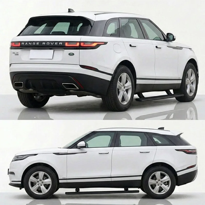 Range Rover Velar Electric Side Steps installed on a white SUV, shown from the rear three-quarter and side profile views.