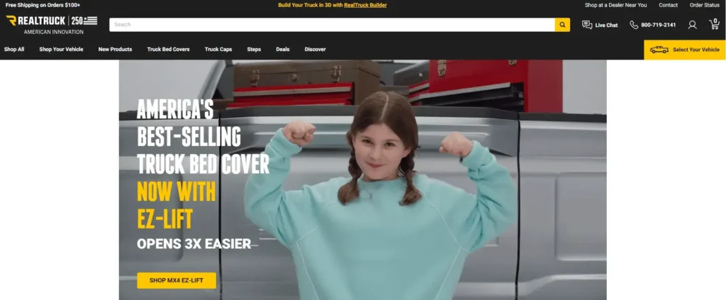 RealTruck homepage featuring America's best-selling truck bed cover with EZ-Lift, highlighting automatic running board suppliers for premium truck accessories.