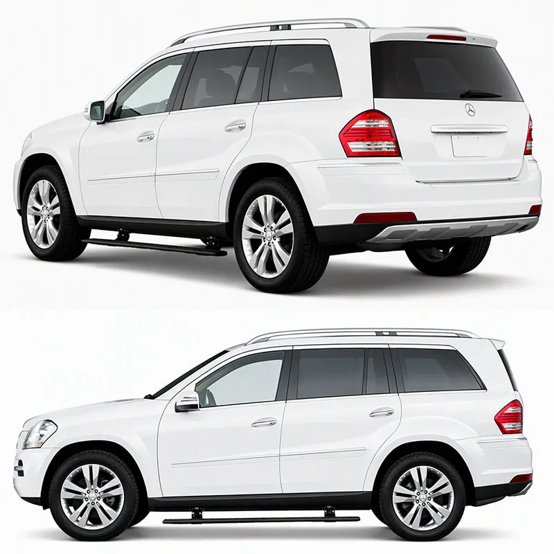 Rear quarter and side profile views of a white Mercedes-Benz GL SUV with the Mercedes-Benz GL Electric Running Boards neatly retracted under the vehicle chassis.