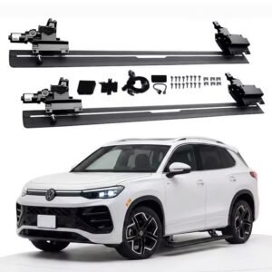 A complete Tiguan electric side steps kit featuring motorized tracks, brackets, motors, and hardware displayed above a white Volkswagen Tiguan SUV.