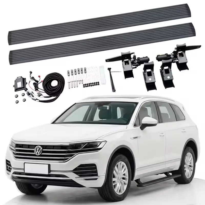 Complete Touareg electric side steps kit featuring running boards, motorized hinges, mounting brackets, wiring harness, and hardware displayed above a white Volkswagen Touareg SUV.