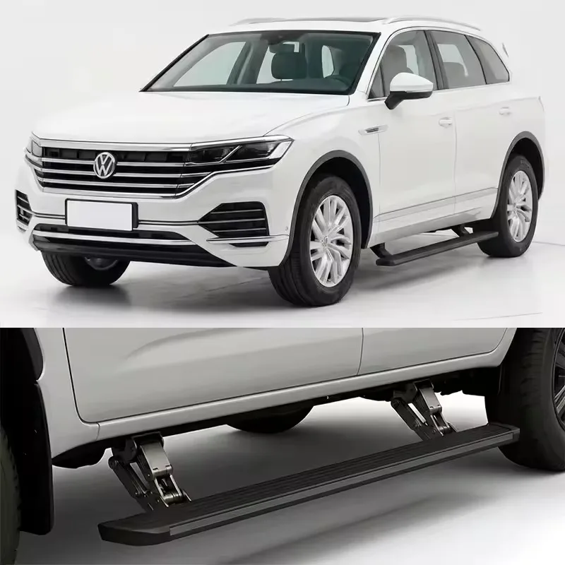 White Volkswagen Touareg with deployed Touareg electric side steps, including a close-up inset showing the extended heavy-duty hinge and motorized mechanism underneath