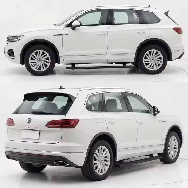 Side profile and rear views of a white Volkswagen Touareg SUV showcasing the installed Touareg electric side steps running along the lower body.