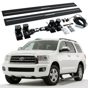 Toyota Sequoia Power Running Boards complete kit with two side steps, dual motors, mounting brackets, wiring harness, and hardware shown above a white Toyota Sequoia.