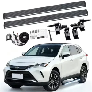 Toyota Venza Power Running Boards complete kit with two side steps, dual motors, mounting brackets, wiring harness, control module, and hardware shown above a white Toyota Venza.