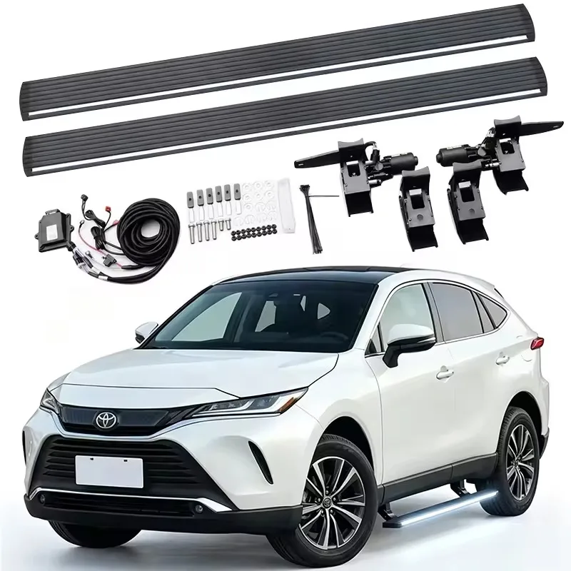 Toyota Venza Power Running Boards complete kit with two side steps, dual motors, mounting brackets, wiring harness, control module, and hardware shown above a white Toyota Venza.