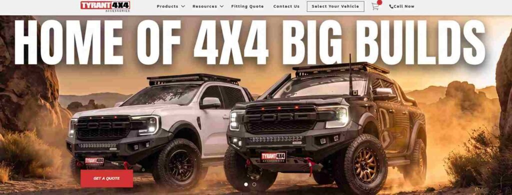 Tyrant 4x4 website homepage featuring customized Ford Ranger and Raptor big builds, highlighting their expertise as top-tier Jeep electric running boards suppliers and 4x4 accessory providers.