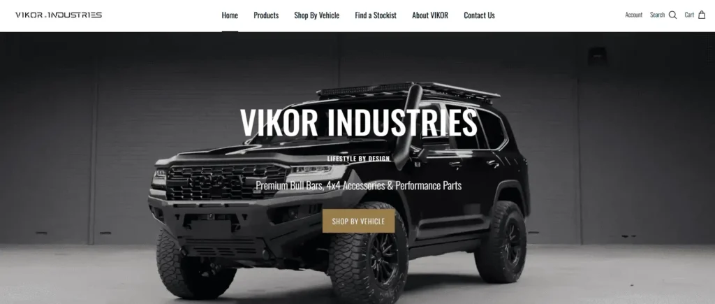 VIKOR Industries homepage displaying premium bull bars and 4x4 accessories on a black SUV, highlighting automatic running board suppliers.