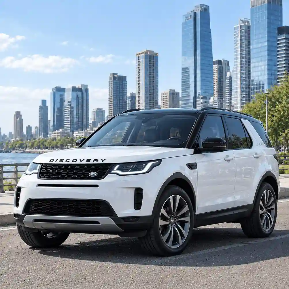 A white Land Rover Discovery parked on a paved road with urban skyscrapers in the background. The side profile view emphasizes the vehicle's stance and is suitable for content about range rover power running boards, as these retractable steps are a common accessory for Land Rover SUVs to assist with entry and exit.