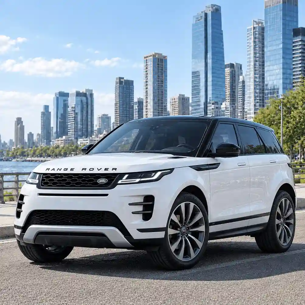 A white Range Rover Velar with dark alloy wheels parked in an urban waterfront setting. This photo showcases its dynamic styling and serves as a good visual reference for range rover power running boards, an accessory that enhances both the practicality and premium feel of the vehicle.