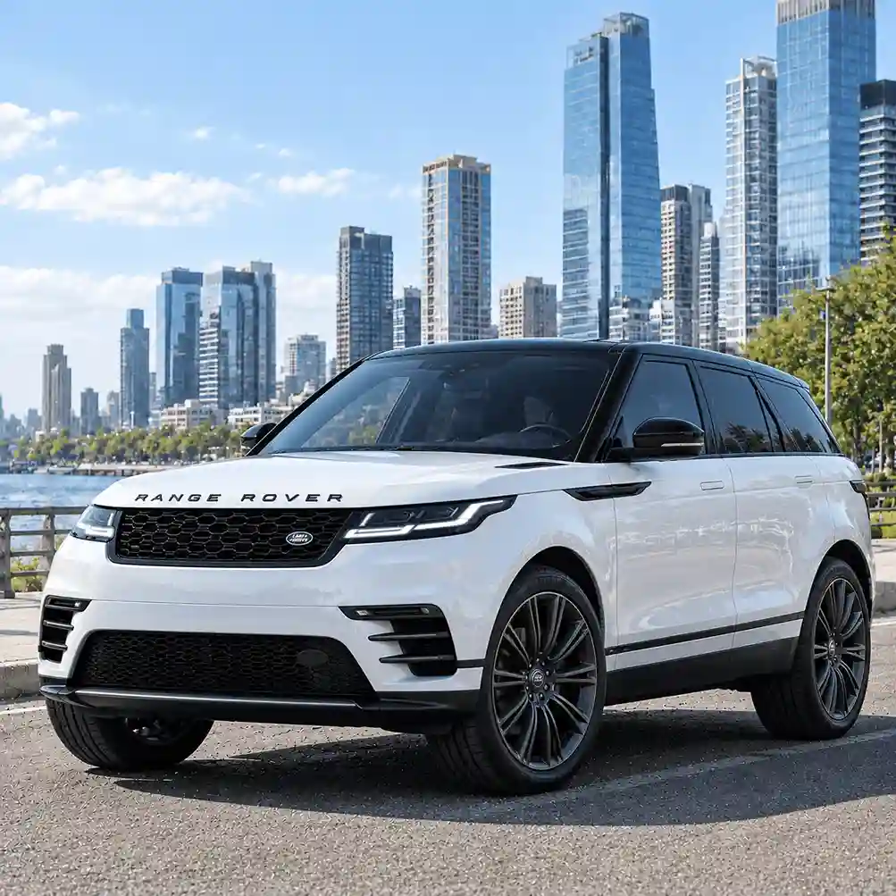 A white Range Rover Velar parked on a city street with a modern skyscraper skyline. The image captures its sleek, modern aesthetic and is relevant for searches regarding range rover power running boards, which complement the vehicle's luxury design by providing automated side steps.