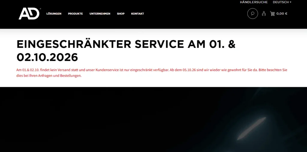 AlphaDynamik electric side steps manufacturers in Germany website homepage with a service announcement banner.