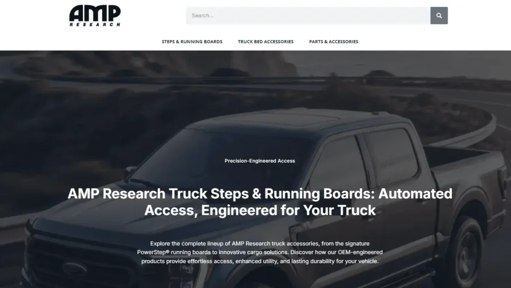 AMP Research homepage featuring retractable running boards suppliers and automated truck steps for effortless vehicle access.