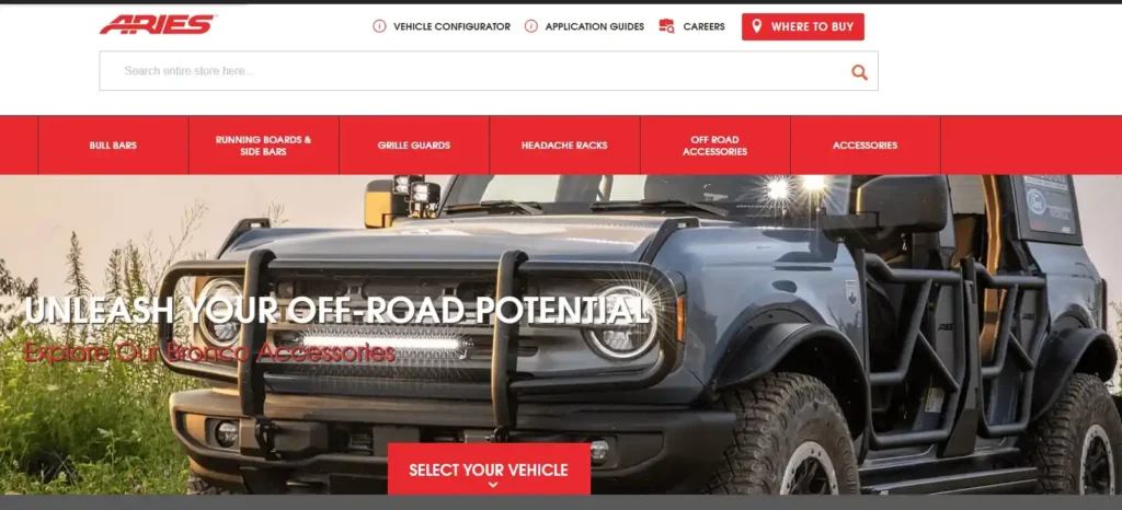 ARIES Automotive website hero image showing a modified Ford Bronco with a bull bar and off-road accessories, promoting ARIES as a top power running boards supplier and off-road equipment manufacturer.
