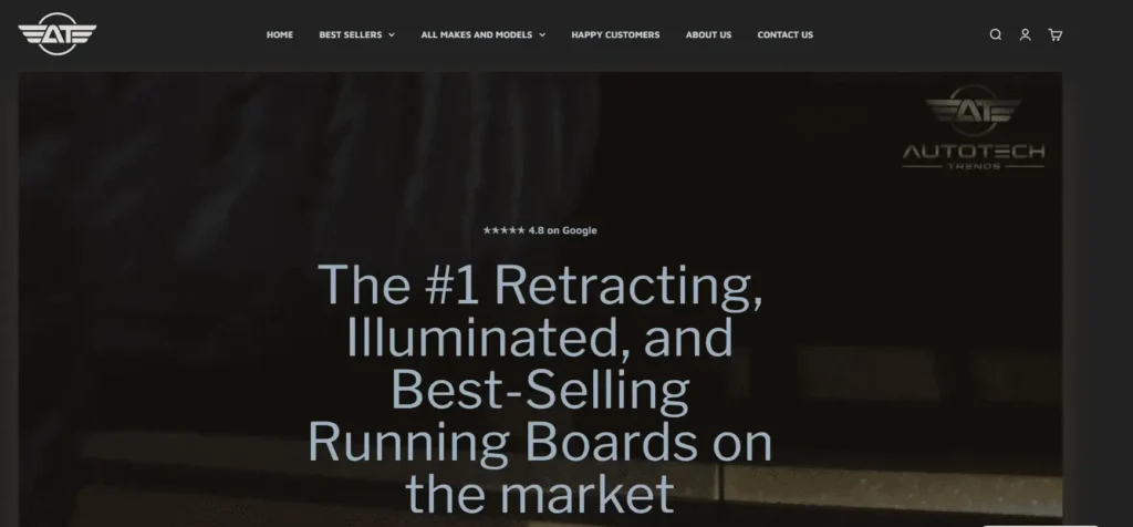 AutoTech Trends homepage highlighting the #1 best-selling retractable running boards suppliers with illuminated, retracting side steps.