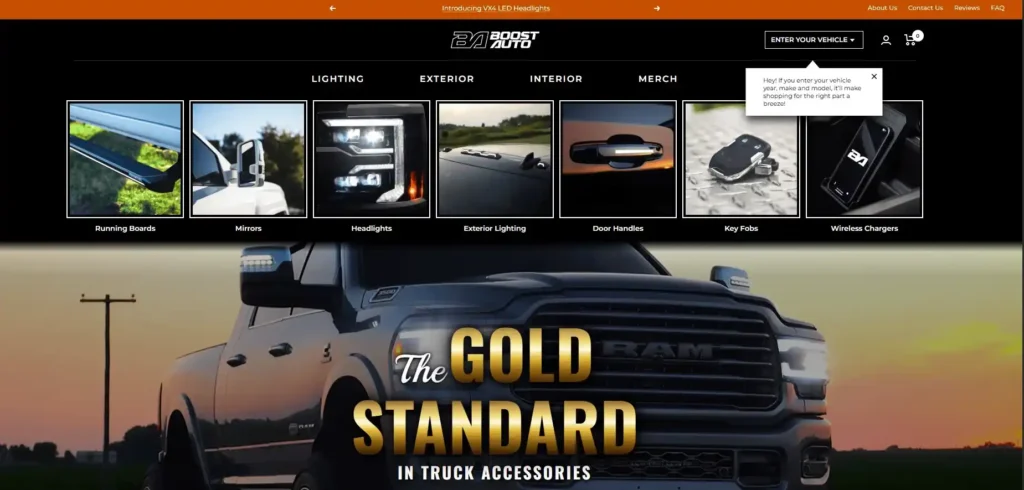 Boost Auto homepage showcasing a grid of truck accessory categories including mirrors, headlights, and running boards, positioned as a leading power running boards supplier and aftermarket parts provider.