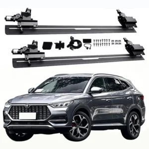 Complete hardware kit for BYD SEAL U DM-i Electric Side Steps, including two running boards, dual motors, mounting brackets, wiring harness, and hardware, displayed above a grey SUV.