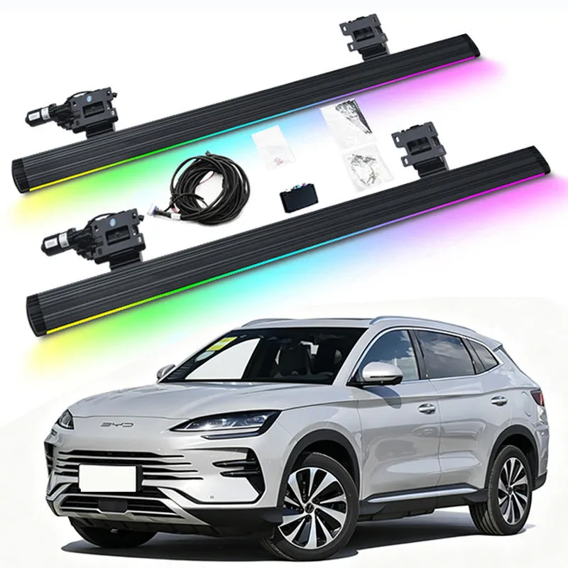 Complete hardware kit for BYD SEALION 6 Electric Side Steps including motors, brackets, and wiring harness, displayed above a silver SUV with rainbow RGB lighting effects.