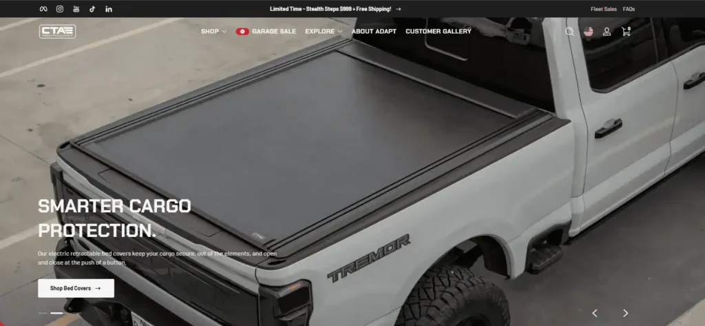 Chandler Truck Accessories website homepage featuring a white pickup truck with an electric retractable bed cover, highlighting CTA as a premium power running boards supplier and cargo protection expert.