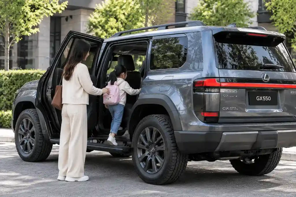 A young girl with a backpack stepping onto Lexus electric running boards to climb into the back seat of a dark grey Lexus GX550.