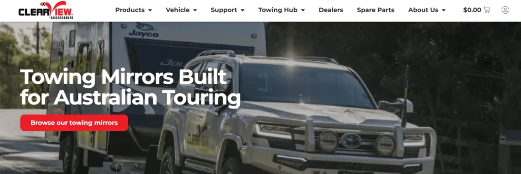Clearview Accessories electric side steps manufacturers in Australia displaying a 4x4 towing a caravan.