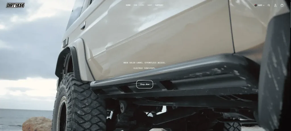 DirtyBars homepage showing rock solid electric sidesteps and retractable running boards suppliers for off-road 4x4 vehicles.