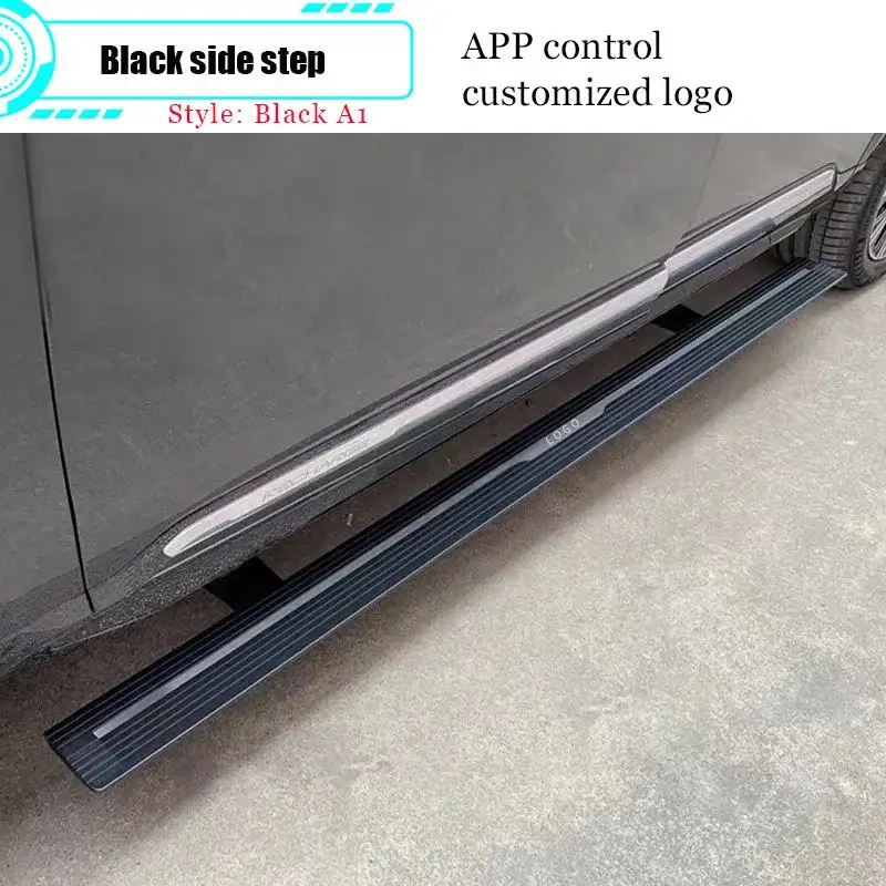 A close-up of a black GWM Cannon electric side step deployed on a grey vehicle, featuring a textured stepping surface and a customizable logo, with text indicating app control and "Black style A1."