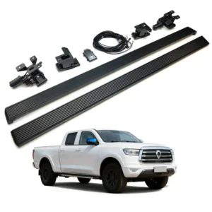 A complete product kit of GWM Cannon electric side steps, including two running boards, mounting brackets, a wiring harness, and a control module, displayed above a white GWM Cannon pickup truck.
