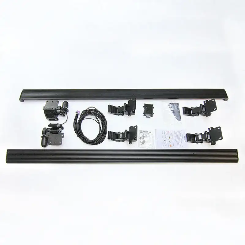A flat lay of the complete GWM Cannon electric side steps kit on a white background, showing two running boards, motorized brackets, mounting hardware, a wiring harness, and an instruction manual.