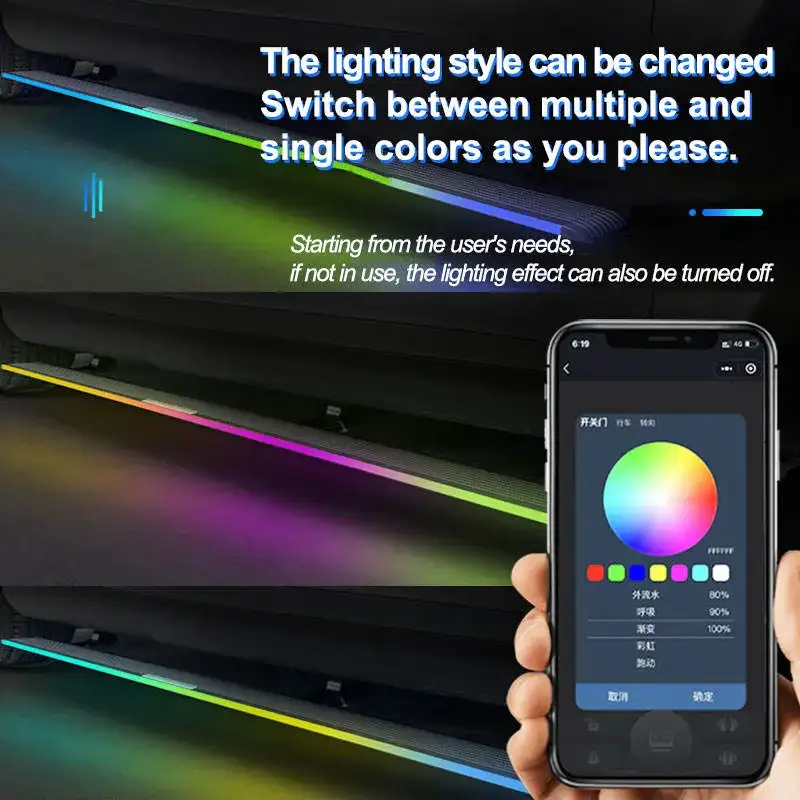 A promotional image showing the multi-color RGB lighting effects of GWM Cannon electric side steps, with three vehicles displaying different light colors and a hand holding a smartphone with a color-picker app.