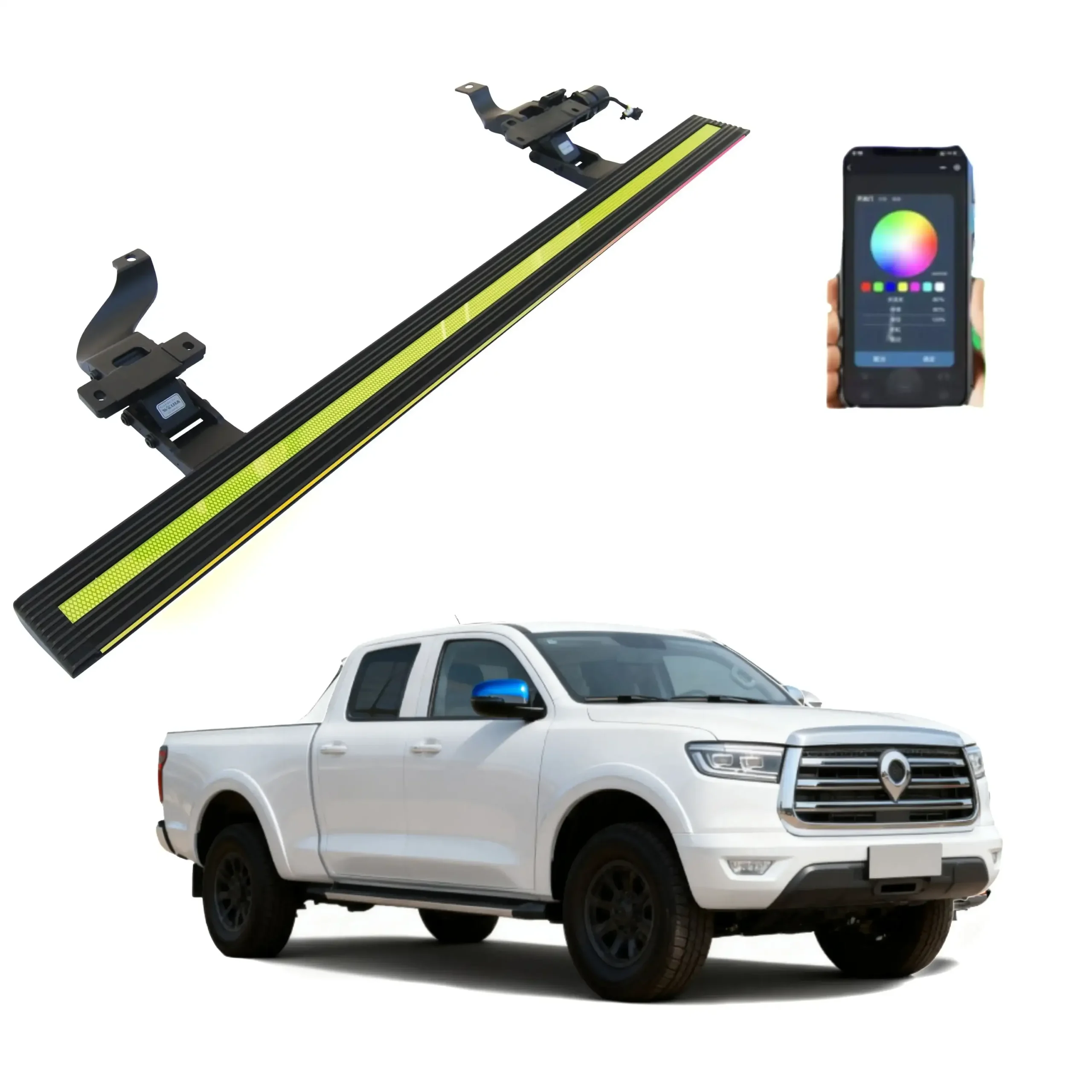 An illuminated GWM Cannon electric side step with a yellow LED strip, shown alongside a smartphone displaying a color control app for the lights, positioned above a white GWM Cannon pickup truck.