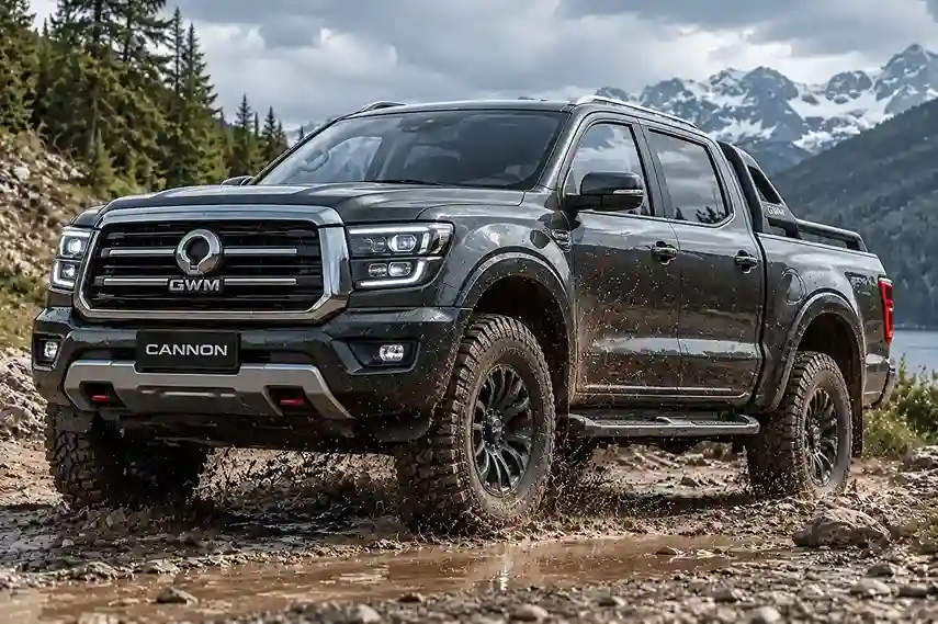 A dark green GWM Cannon pickup truck driving through a muddy puddle on a rough off-road trail, splashing water and mud, equipped with GWM electric side steps.