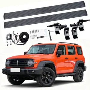 A complete product display of GWM Tank 300 electric side steps showing two running boards, mounting brackets, wiring harness, and hardware, positioned above an orange Tank 300 SUV.