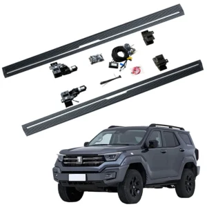 A complete product display of GWM Tank 400 electric side steps showing two running boards, motorized brackets, wiring harness, control module, and hardware, positioned above a dark grey Tank 400 SUV.