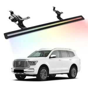 An illuminated GWM Tank 500 electric side step with a rainbow-colored RGB LED strip floating above a white GWM Tank 500 SUV.