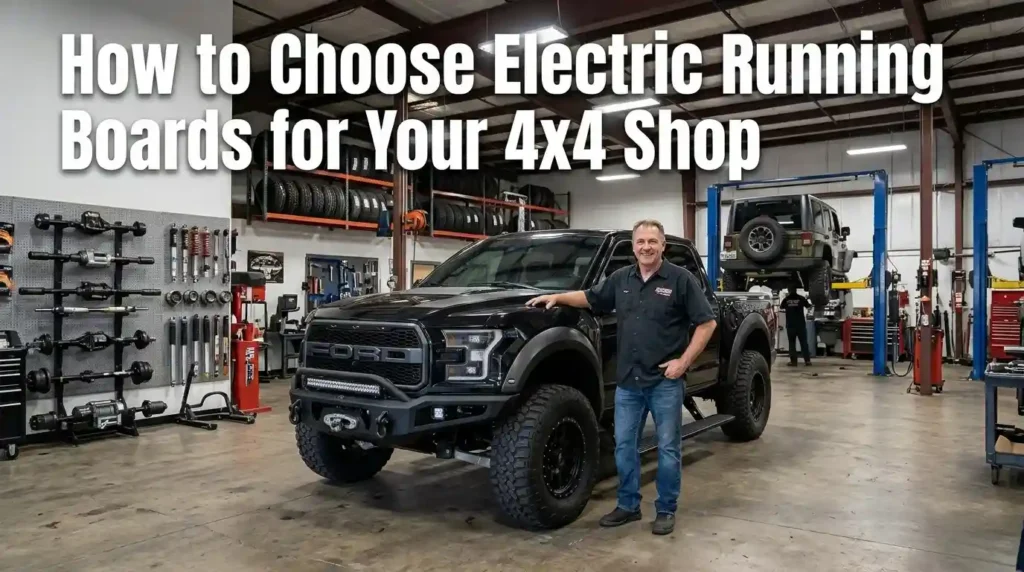 A smiling mechanic standing next to a lifted black Ford F-150 in a well-equipped garage, demonstrating how to choose electric running boards for your 4x4 shop with a Jeep on a lift in the background.