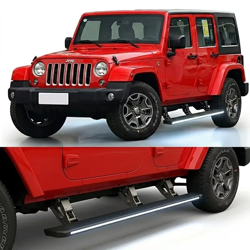 Jeep Wrangler power running boards shown in both deployed and retracted positions, featuring a silver LED strip along the step edge.