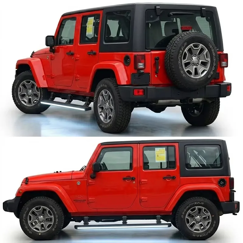 Rear and side view of a red Jeep Wrangler equipped with retracted power running boards and a spare tire mounted on the tailgate.