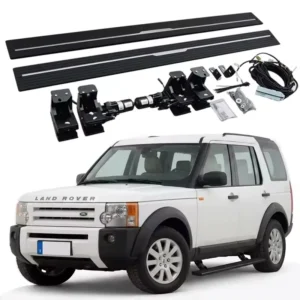 Complete Land Rover Discovery 3 Electric Side Steps installation kit with running boards, motors, mounting brackets, and wiring harness, displayed above a white Land Rover Discovery 3.