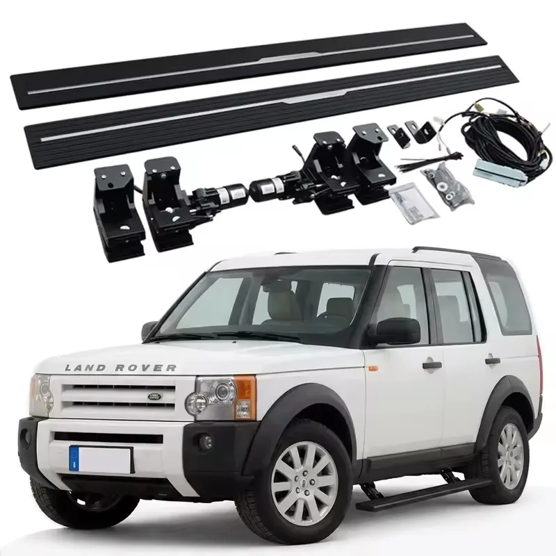 Complete Land Rover Discovery 3 Electric Side Steps installation kit with running boards, motors, mounting brackets, and wiring harness, displayed above a white Land Rover Discovery 3.