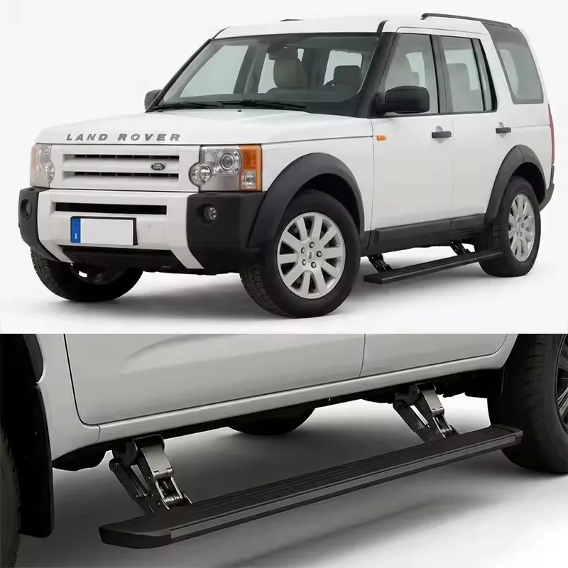 White Land Rover Discovery 3 Electric Side Steps in a front three-quarter view, with a close-up inset showing the deployed motor and bracket mechanism.