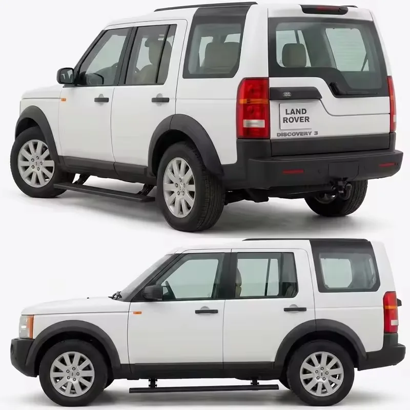 Rear and side profile of a white Land Rover Discovery 3 Electric Side Steps, showcasing the retracted running boards and rear "Discovery 3" badging.