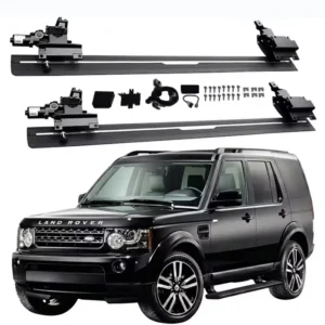 Complete Land Rover Discovery 4 Electric Side Steps kit featuring running boards, motors, mounting brackets, and wiring harness, displayed above a black Land Rover Discovery 4.