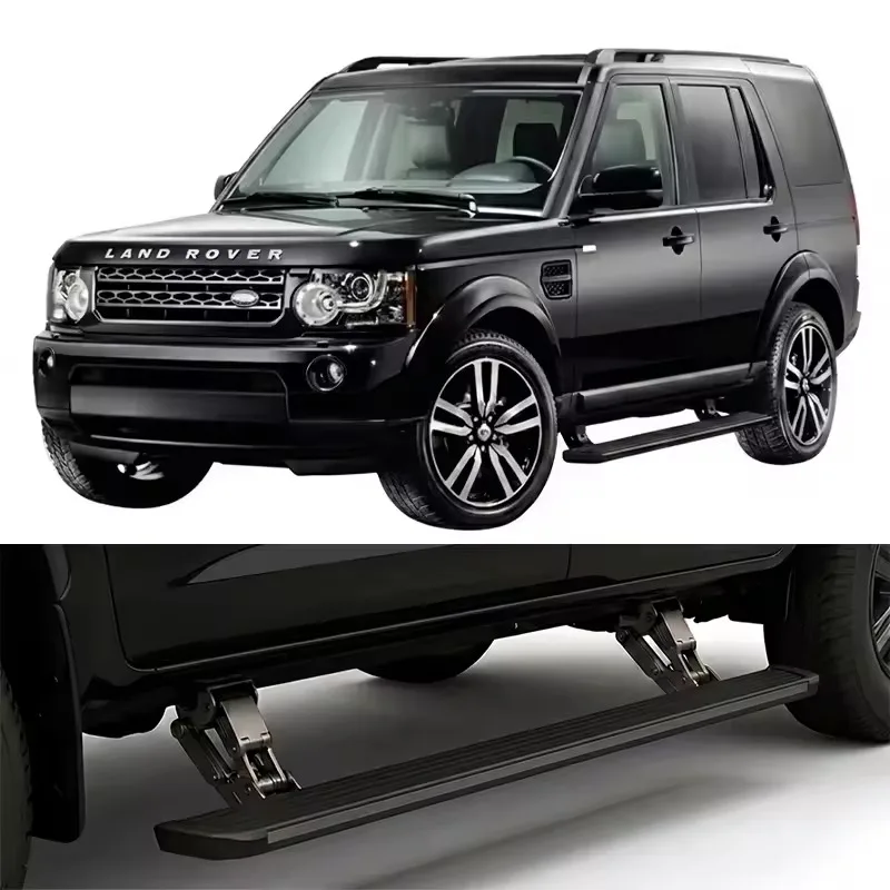 Black Land Rover Discovery 4 Electric Side Steps in a front three-quarter view, with a close-up inset showing the deployed motor and bracket mechanism.
