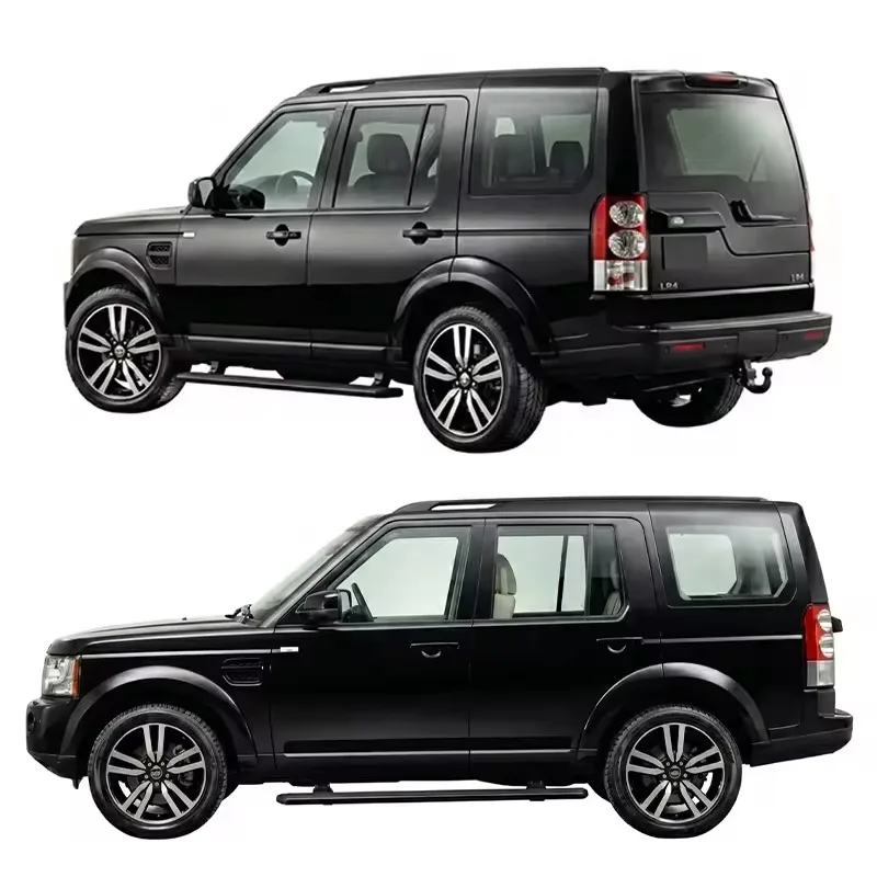 Rear and side profile of a black Land Rover Discovery 4 Electric Side Steps in the retracted position, highlighting the clean underbody integration.